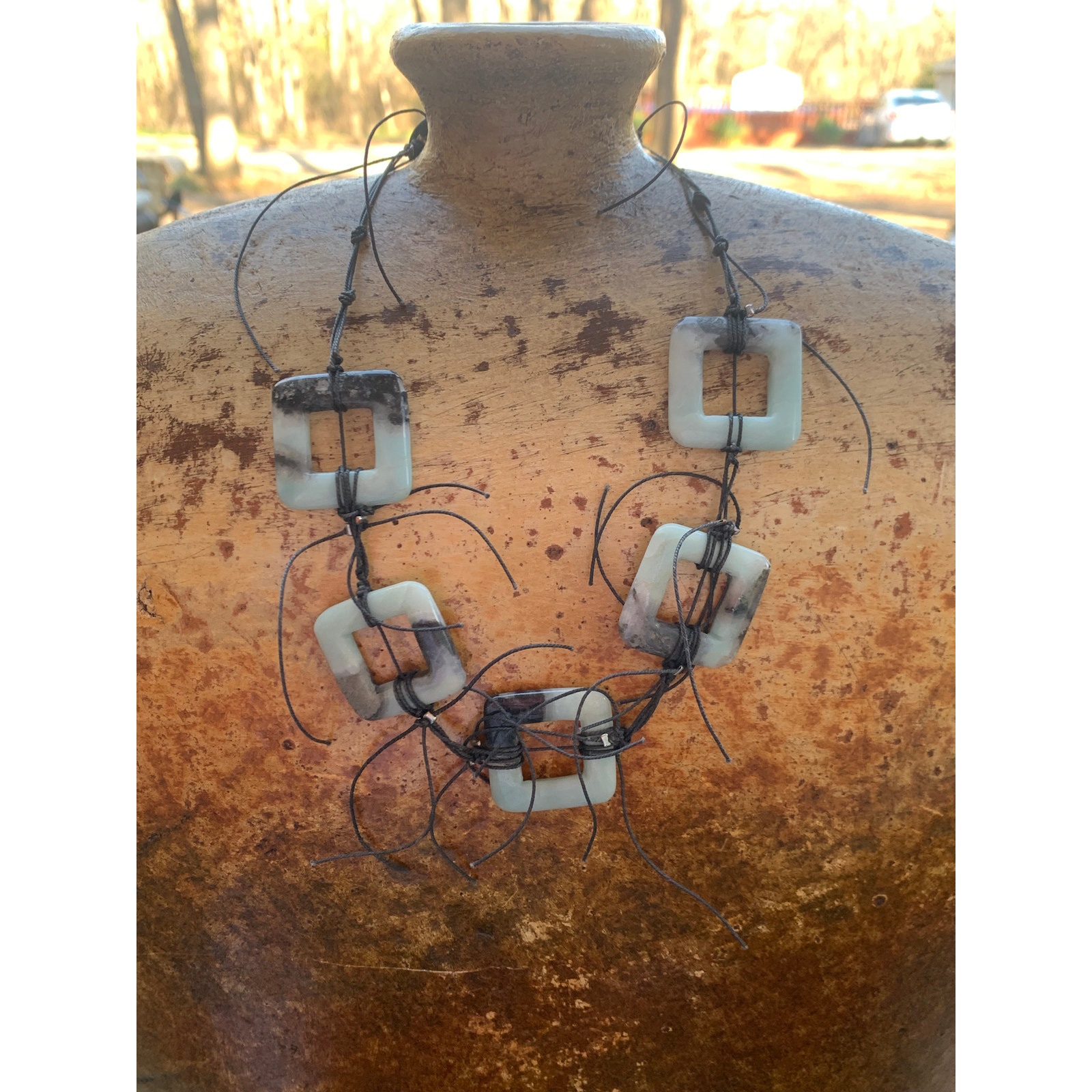 Artist Nora Riley Tumbled Light Green And Black Jadeite Necklace